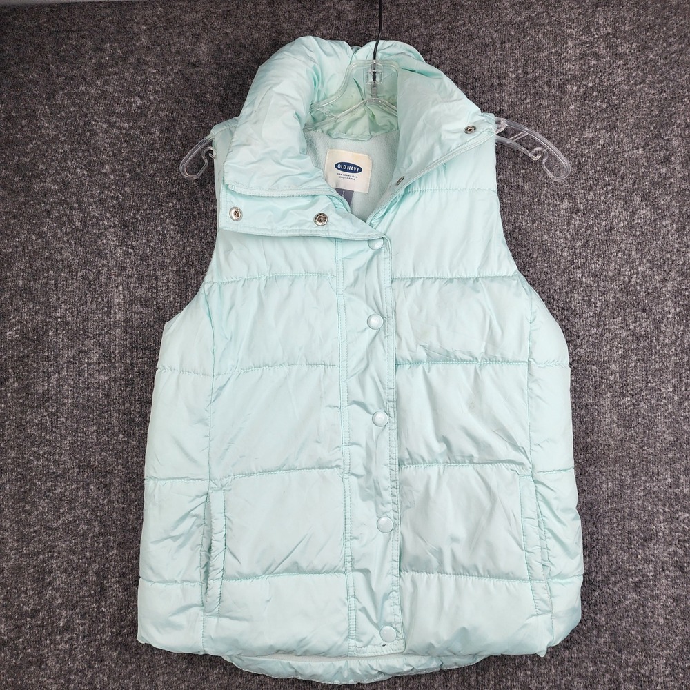 Old Navy Puffer Vest Women Small Mint Green Fleece Lined‎ Quilted Snap Front